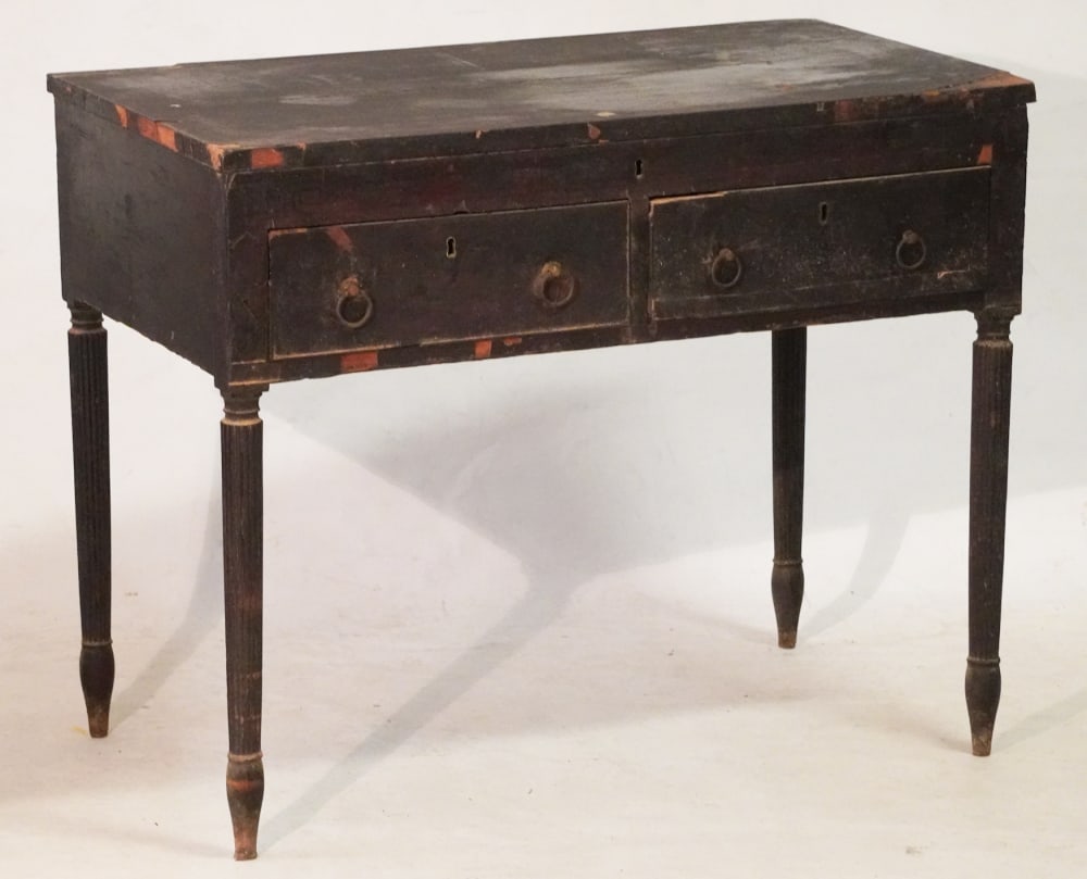Very Original American Federal Mahogany: Lift Top Desk by Duncan Phyfe CIrca 1810, New York City. Having a hinged top configured to lift and adjust as needed over the case housing two drawers atop four legs which are nicely reeded. Very earl