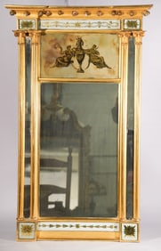 Very Fine Neoclassical Carved & Gilt Reverse Painted Looking Glass