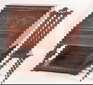 Handsome English or American Renaissance Revival Carved Oak Desk & Chair