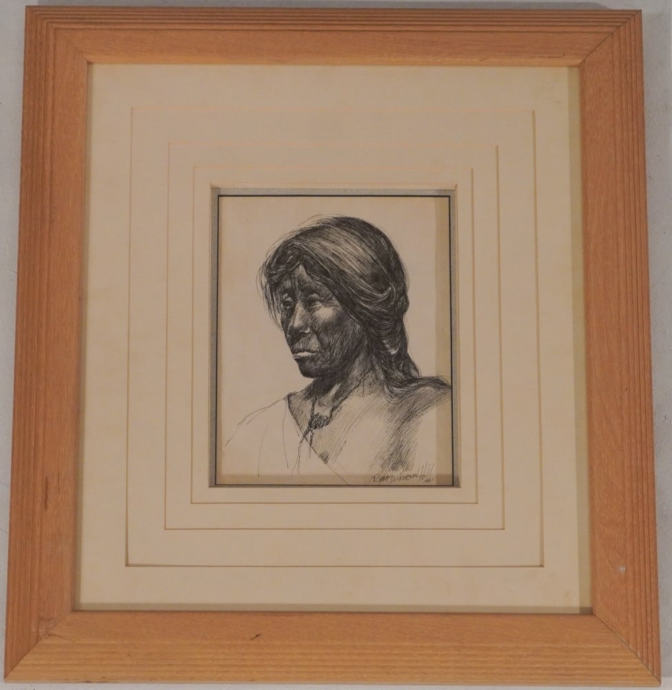Reba Dickerson: (Pennsylvania, mid 20th century) Original pen and ink portrait of Native American woman. Signed lower right. Framed very nicely with brilliant matting job. Site size: H8 3/4" W7" (without mat and fram