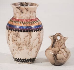 Two Pieces Vintage Native American Horse Hair Decorated Pottery