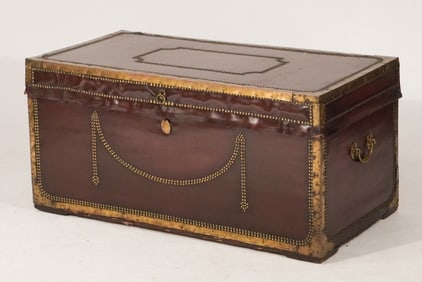 Very Handsome Antique Leather & Brass Tack Decorated Trunk