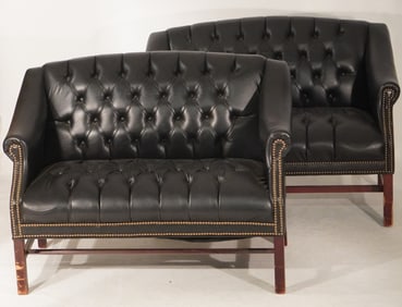 Handsome Pair Club Style Leather Sofas or Settees