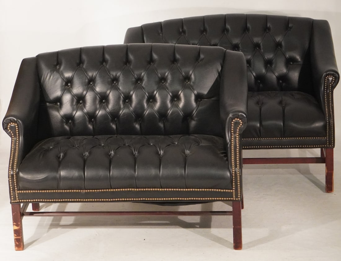 Handsome Pair Club Style Leather Sofas or Settees: 20th century. Each in very well kept condition ready to be used. H37" W46" D27" Sold from the collection of a Camden, SC gentleman and lady.
