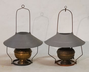 Two Antique Hanging Brass Kerosene Lamps