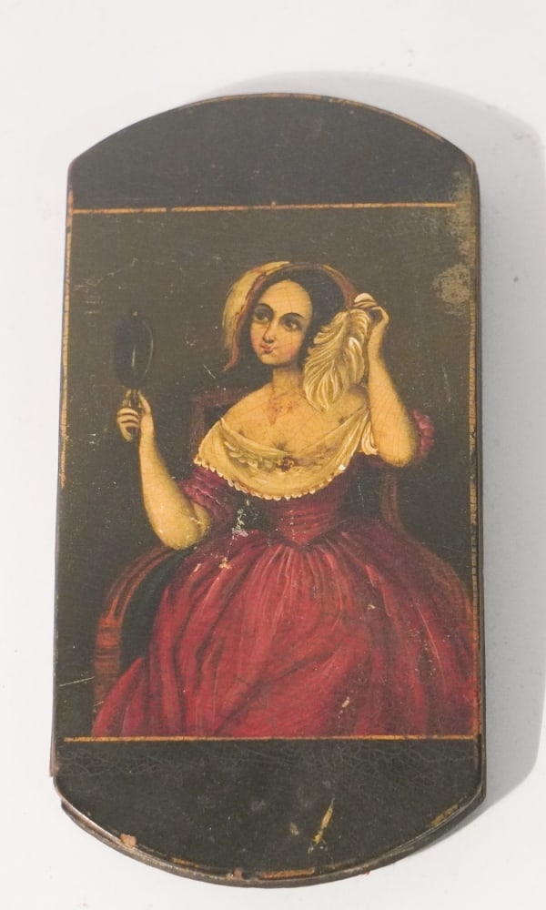 Antique Hand Painted Portrait Spectacle Case: 19th century. Having been brilliantly painted with a portrait of a young lady of stature at one side. Nice overall condition. L5 1/2" Sold from the collection of a Georgia gentleman.