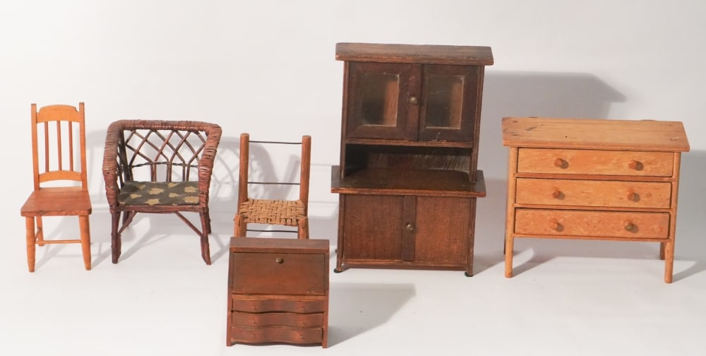 Charming Antique & Vintage Miniature Furniture: 19th and early 20th century group of various forms. Very charming lot. Tallest: H12" Sold from the collection of a Greenville, South Carolina lady.