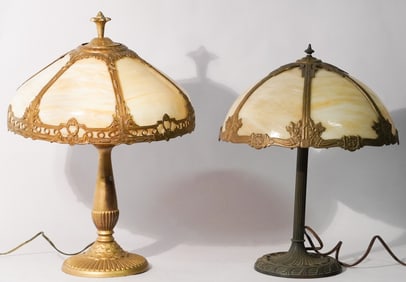 Two Antique Arts & Crafts Slag Glass Table Lamps