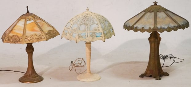 Three Arts & Crafts Period Slag Glass Table Lamps