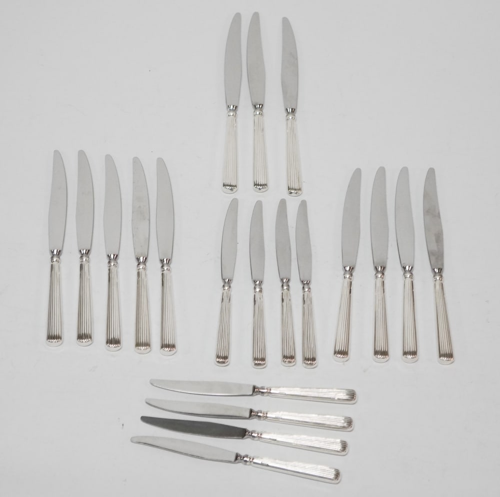 Two Handsome Sets Buccellati Sterling Silver Handled Knives: The lot includes 12 dinner knives and 8 desert knives all in excellent condition.