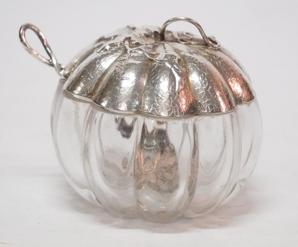 Excellent Aesthetic Movement Sterling Silver & Crystal Jelly or Mustard Jar: Circa 1900. Having brilliant form in the shape of a well sculpted gourd form with sterling lid and spoon on crystal base. Excellent condition. H4" W4 1/2"