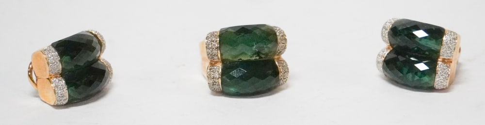 Very Fine 14k Gold Diamond & Tourmaline Cocktail Ring & Earring Suite: Excellent natural green tourmalines set into charming 14k gold settings flanked by round cut diamonds to trim. Very nice, well kept condition. 34 grams standard