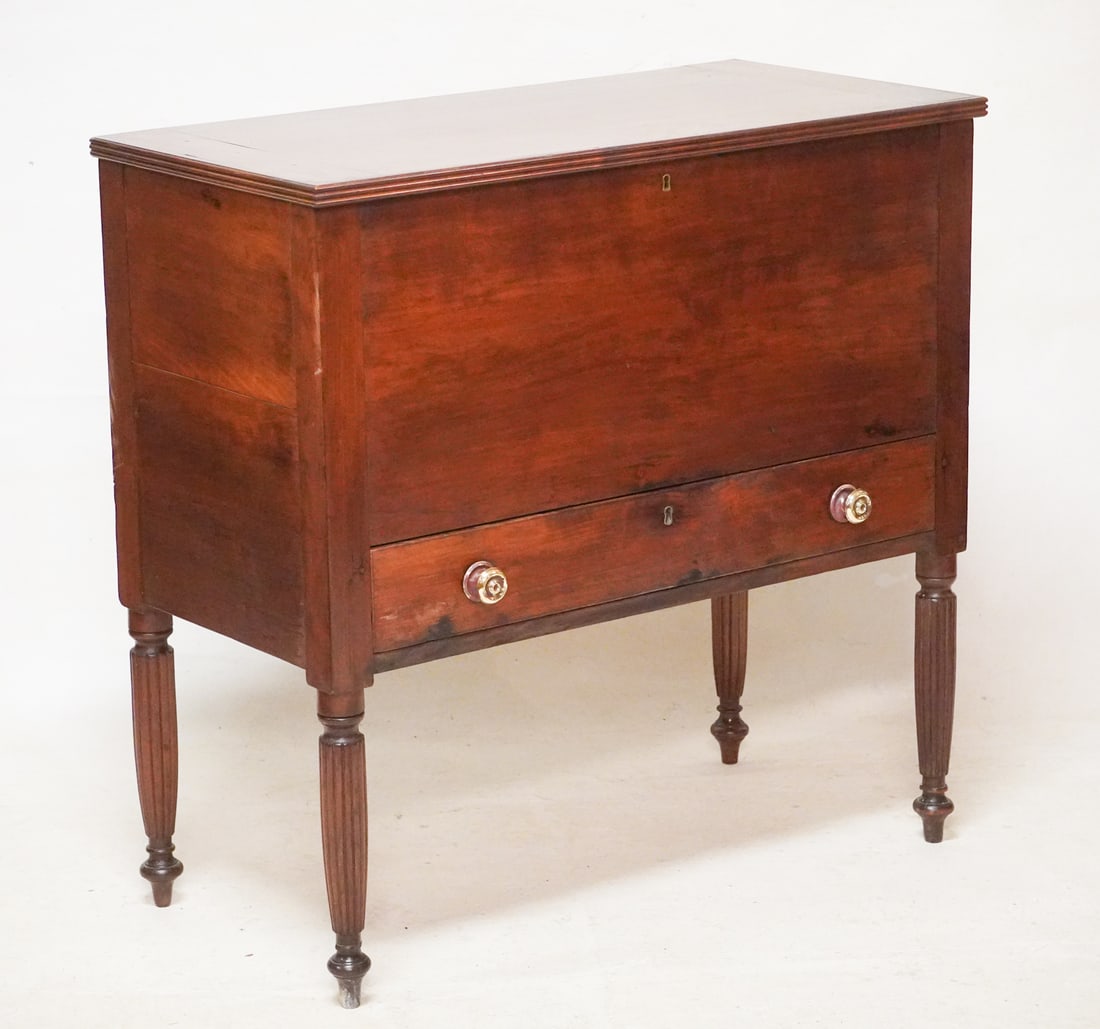 Very Fine Southern Federal Cherry Wood Sugar Chest: Circa 1820, Kentucky or Tennessee. Having excellent form with hinged lid opening to case with divider over lower case having single drawer atop nicely turned and carved legs. H39" W39 1/2" D19 3/4"
