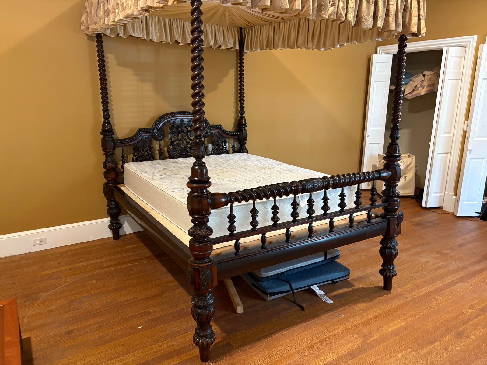 Exceptional Antique Anglo Indian Sissoo Wood Four Post Plantation Bed: Circa 1840. Having been brilliantly and skillfully carved and with its original tester as well. The piece has original height and has not been cut down. These beds were crafted in India for the Britis