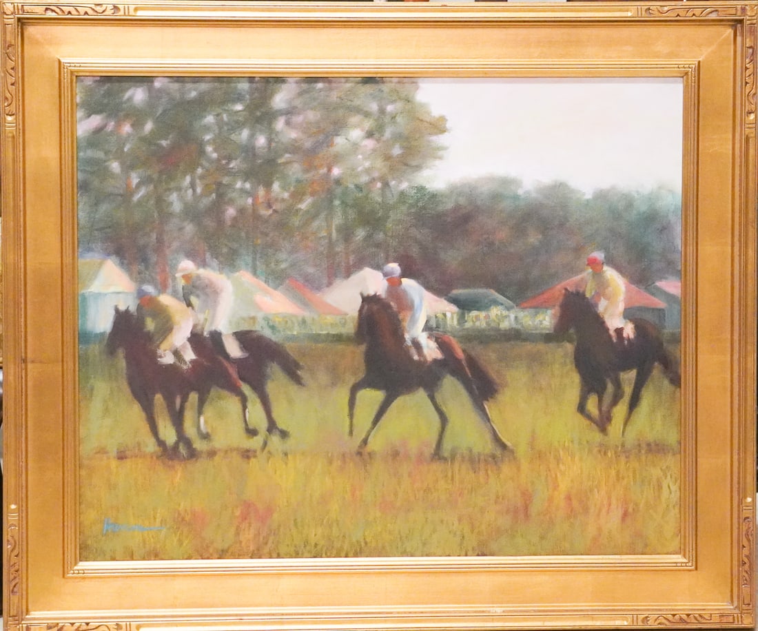 Betsy Havens: (South Carolina, 1944-2025) Oil on canvas steeplechase scene having been brilliantly rendered and signed lower right. Framed excellently in gilded frame. Framed Size: H30 1/2" W37"