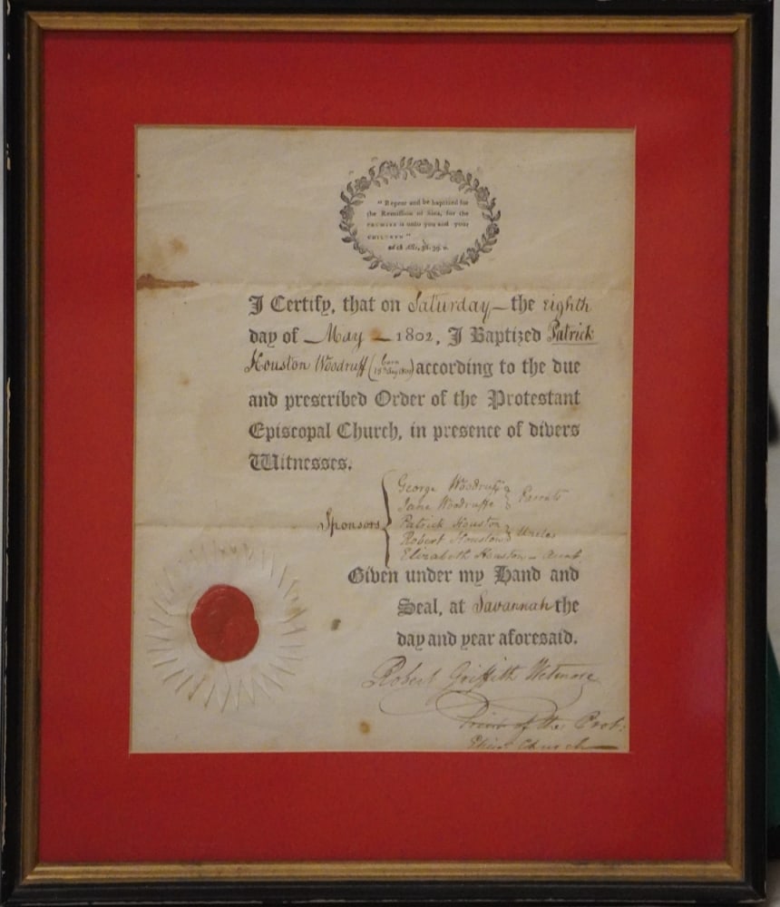 Interesting 1802 Savannah, Georgia Certificate of Baptism: Signed Certificate for Patrick Houston Woodruff having been Baptised by Minister Robert Griffith Witmore. Framed for display. Framed size: H12 3/4" W10 3/4"