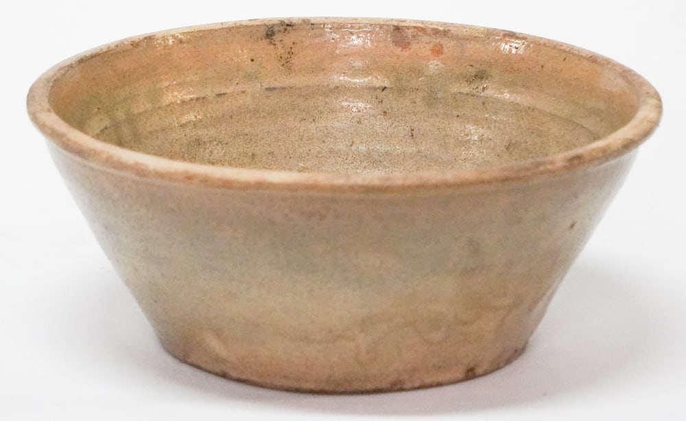 Edgefield South Carolina Stoneware Mixing Bowl: Circa 1840, likely by Isaac Durham or Thomas Chandler Operation. Handsome bowl having a nice celadon alkaline glaze and in well kept condition. The interior has some masking to the glaze to conceal se