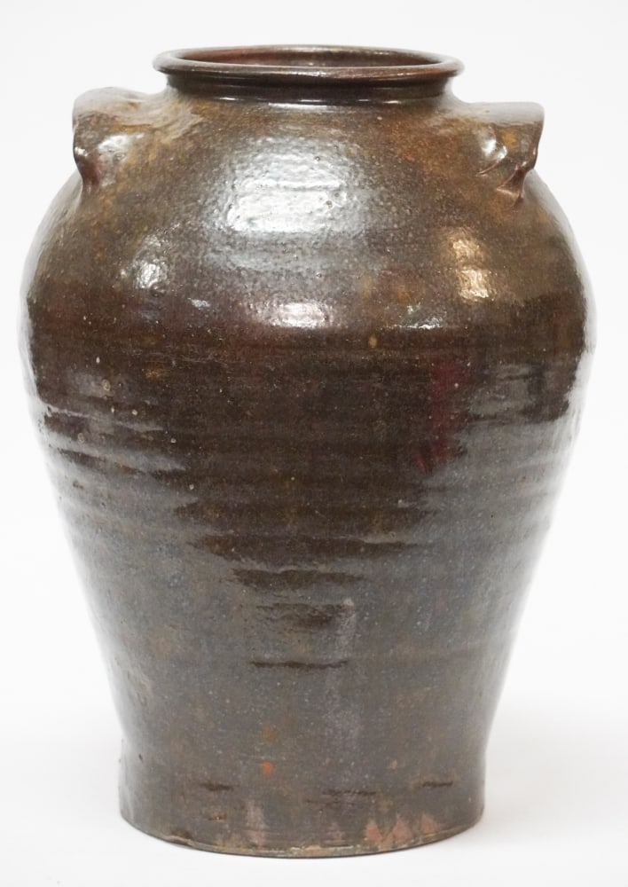 Handsome Southern Stoneware Edgefield, South Carolina Storage Jar: Circa 1830, likely Horse Creek Valley. Very handsome tall ovoid jar having charmingly placed handles and with two II marks near the foot. The side of the body marked with A or bug stamp as well. H15"