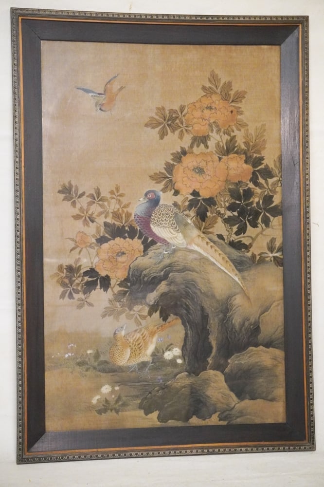 Antique Japanese Watercolor on Cloth Painting of Birds & Fauna (1 of 5)