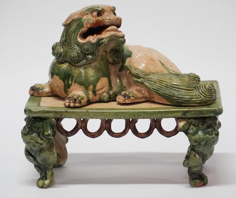 Excellent Antique Japanese Censer Karashishi Lion: 19th century example having excellent form with its original stand and removable head to insert incense when needed. Good condition, no restorations. H10 1/2" W11" D7" Sold from the collection of Davi