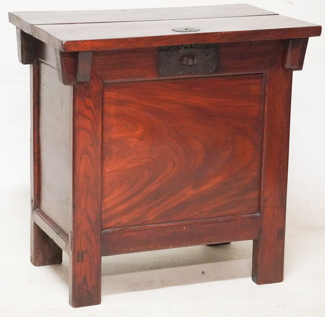 Antique Japanese Hardwood Valuables Chest Server: 19th century. Having excellent form with removable front lid opening to interior over the case having wrought iron lock. Very nice grain to this cabinet. H34" W34" D21 5/8" Sold from the collection of