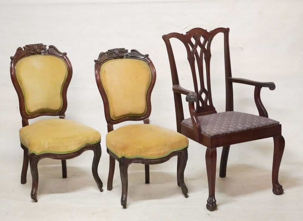 Chippendale Style Mahogany Side Chair & Two Victorian Parlor Chairs (1 of 2)