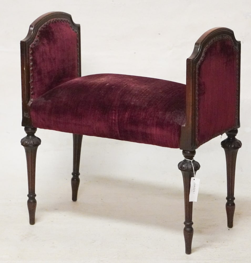 Continental Carved Mahogany Window Seat or Dressing Stool: Circa 1880. Having handsomely carved and shaped frame with nicely turned legs. H29" W26" D16" Sold from the collection of Magnolia Plantation and Gardens of Charleston, South Carolina.