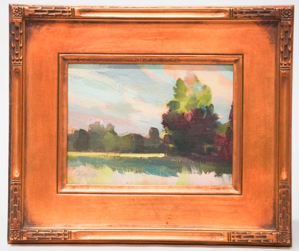 Valerie Collymore: (France/United States, 20th/21st century) Excellent Impressionist oil on board coastal view framed nicely and signed lower left titled ?Morning Rays? on verso. Framed: H11" W13" Sold from the collecti