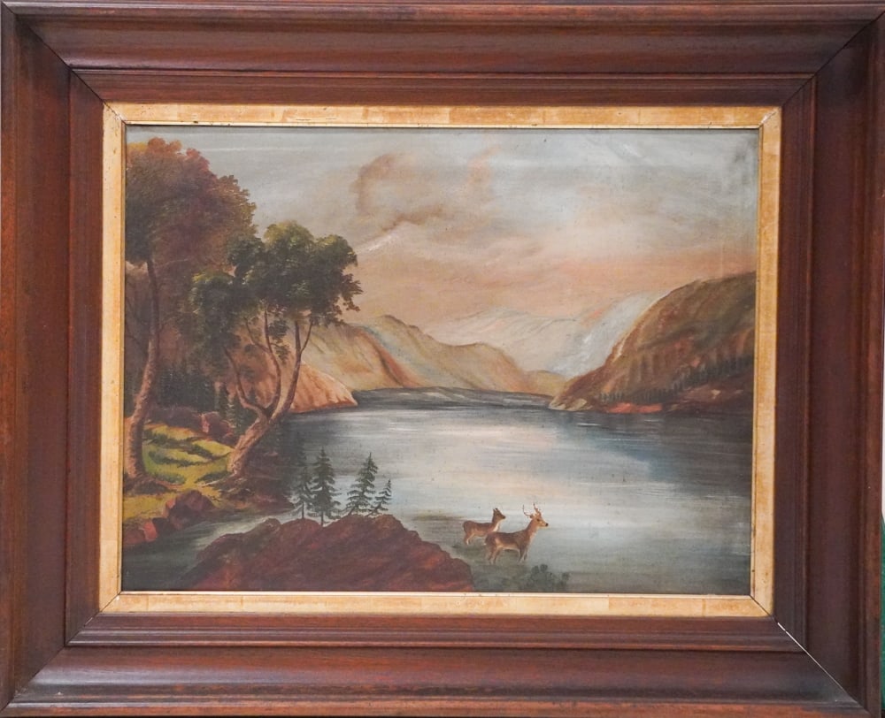American Folk Art School: Circa 1880. Oil on canvas folk art mountain scene with deer along lakeside. Framed nicely. Charming work. Framed: H27" W34" Sold from the collection of David Varnell and Paul Iwao of South Carolina