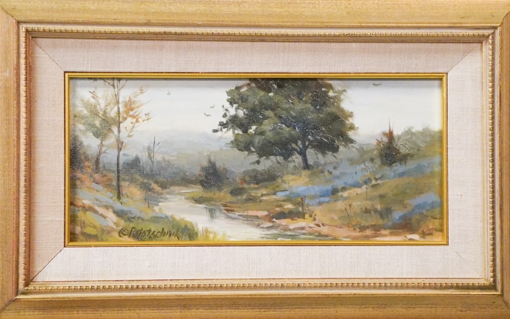 John Pototschnik: (Texas, b. 1946) Oil on board titled, "Hill Country Solitude." Signed lower left framed nicely. Framed: H10" W16 1/8" Sold from the collection of a Camden, South Carolina gentleman and sportsman.
