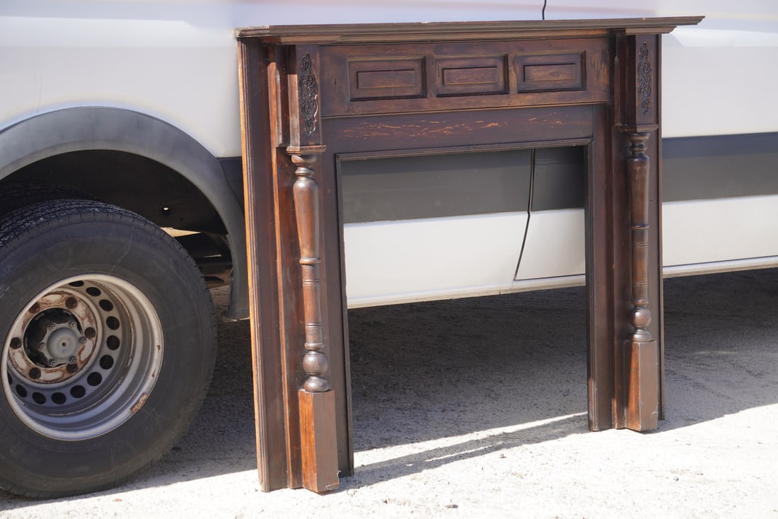 Handsome Georgian Style Oak Mantle Piece: Mid 19th century. Very handsome mantled piece with nicely turned and carved frame. H48" W58" D8" Sold from the collection of a Greenville, South Carolina lady and gentleman.