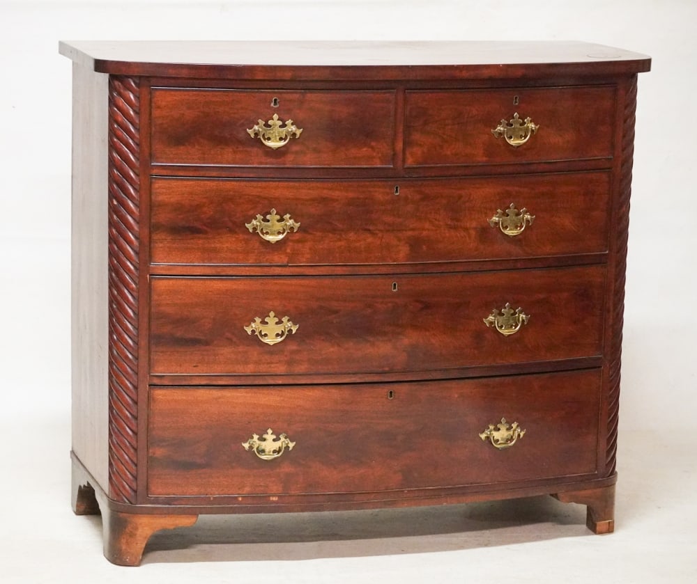 Handsome English Regency Figured & Carved Mahogany Chest of Drawers (1 of 5)