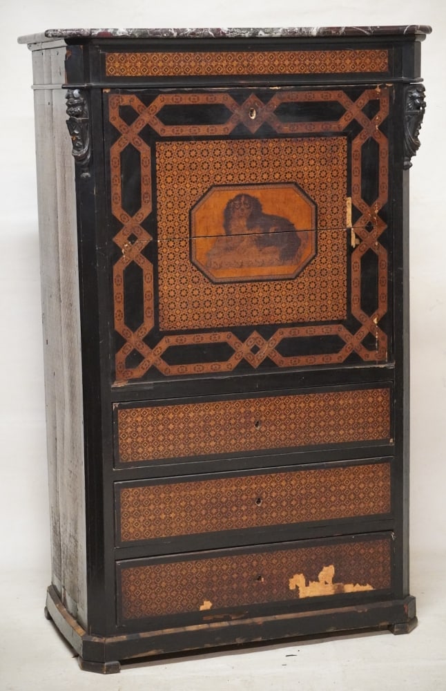 Rare French or Dutch Marquetry Inlaid Kingwood Marble Top Secretary Abattant (1 of 4)