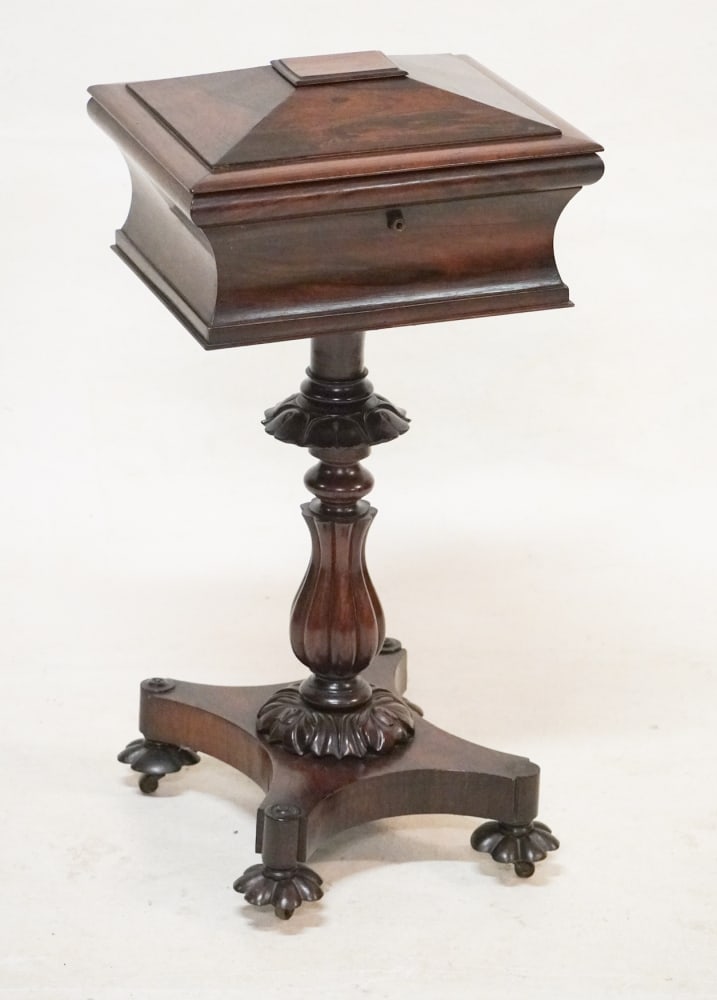 Very Fine English Regency Carved Rosewood Tea Caddy On Stand (1 of 5)