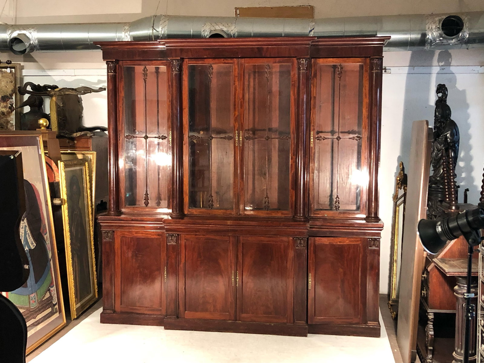 Excellent English Regency Carved & Figured Mahogany Breakfront BookCase (1 of 6)