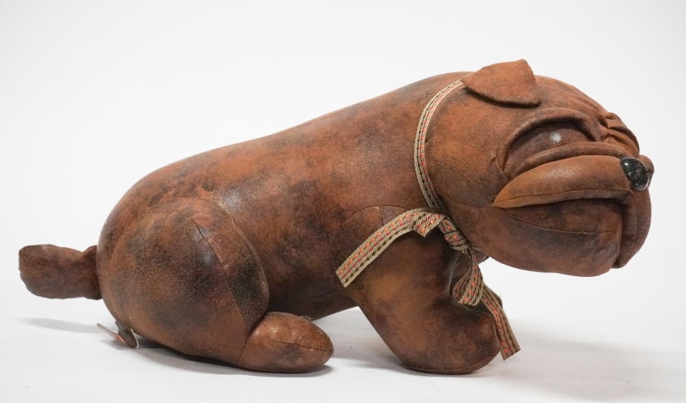 Charming Vintage Leather Stuffed BullDog: 20th century. Very charming piece missing one eye. Otherwise nice condition. H8 1/2" Sold from the collection of James V. Nixon Jr. Augusta, Georgia.