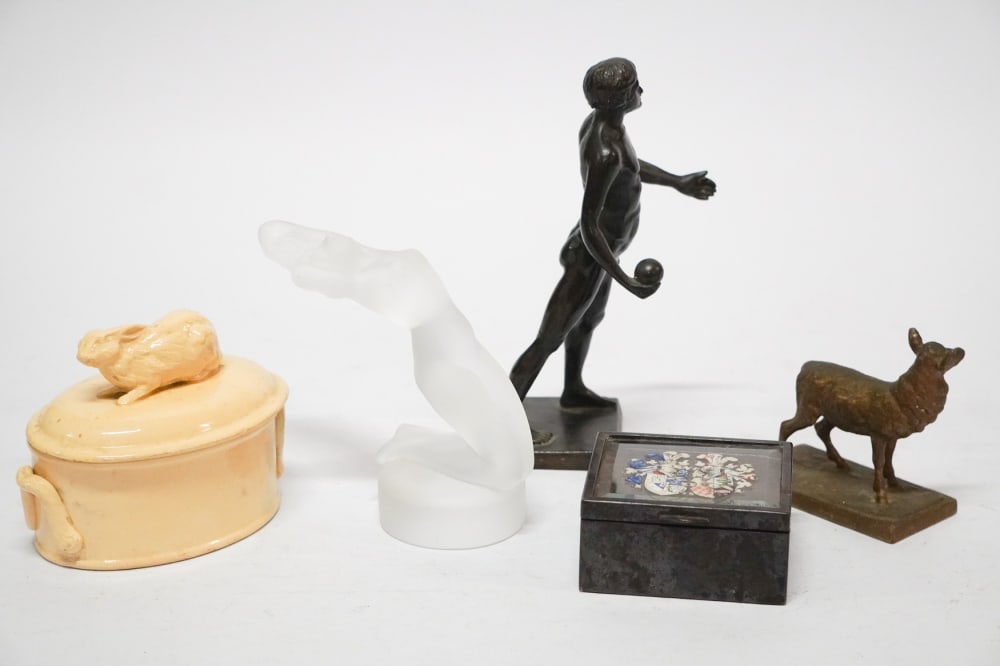 Collection Various Antique and Vintage Cabinet or Desk Articles including Lalique: The lot includes various curious objects including a lalique sculpture of an art nouveau nude, along with a creamware lidded box with rabbit on top, along with a Roman school bronze figure, along with