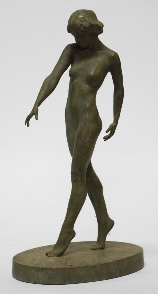 Art Nouveau Sculpture of Nude Dancer: Likely mid 20th century. The piece is ceramic and has been brilliantly faux bronzed. Elegant example, no apparent signature detected. H16 3/4" Sold from the collection of Vickie Murrell Dawson of