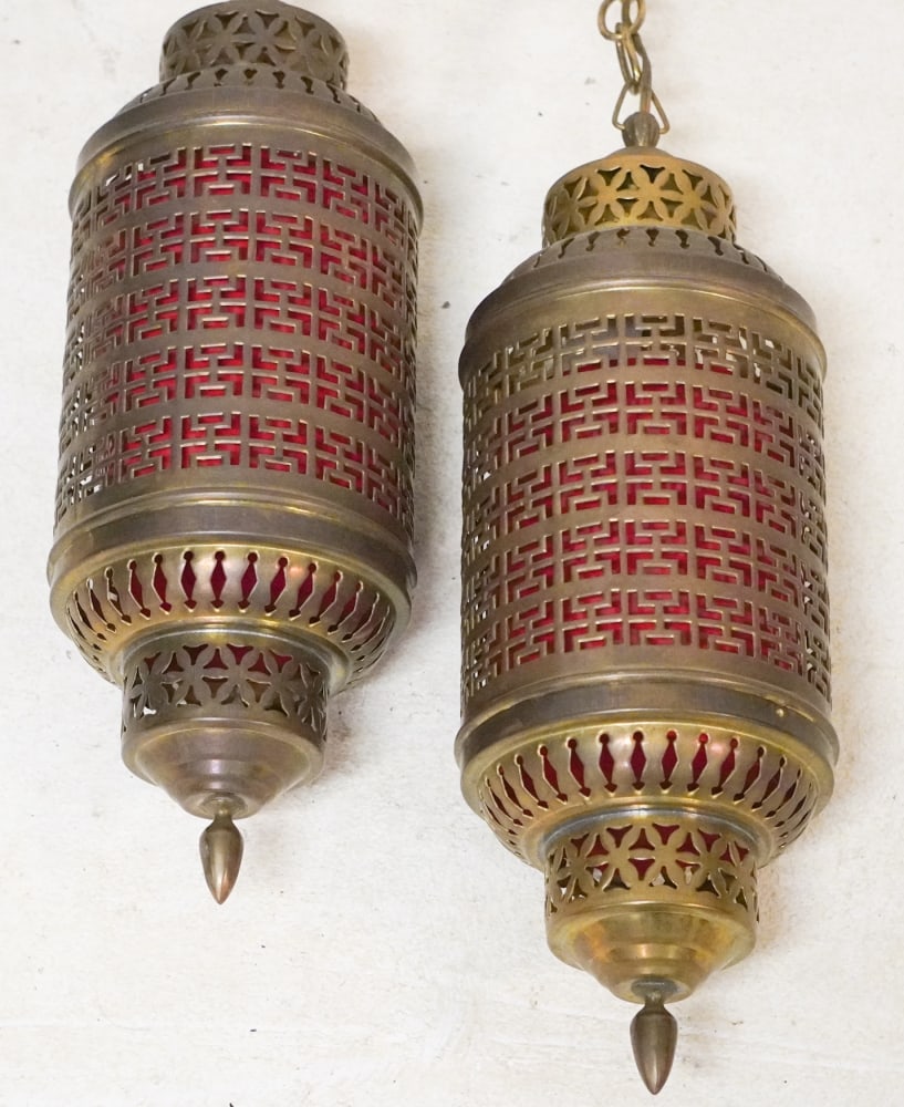 Charming Pair Persian or Oriental Brass Hanging Lights or Lanterns: Early to mid 20th century. Interesting pair of lamps electrified nicely for use. Each: L17"