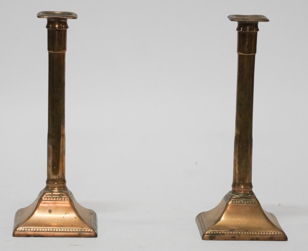 Pair Antique Georgian Bronze Candlesticks: Circa 1800. Having excellent form with nicely trimmed top and foot. Nice patina. H10 3/4"