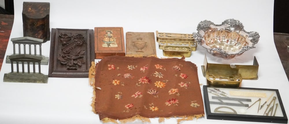 Charming Collection Antique Table, Desk & Cabinet Articles: 19th and early 20th century lot of interesting pieces including book ends, an architects or draftsmans set, a bone chess set, small fire trivets, a small faux tortoise tin box and two carved wood wall