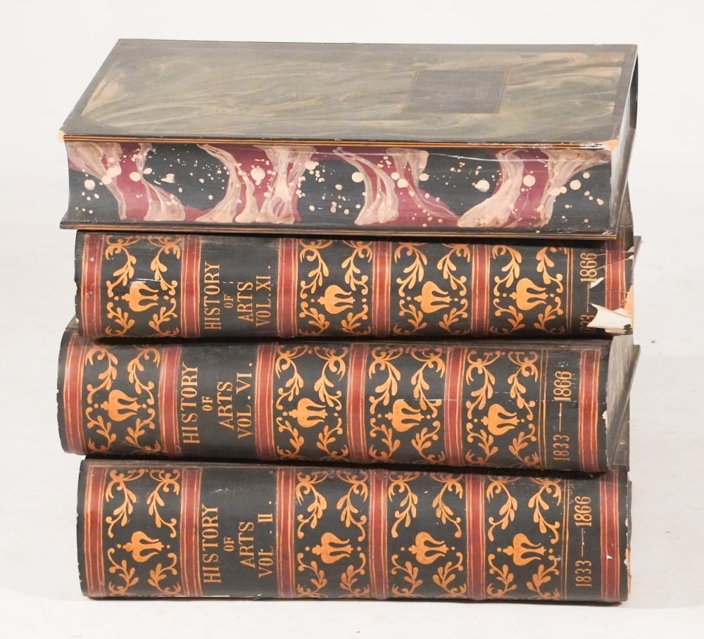 Very Charming Club Style Book Stack Side Table: Early to mid 20th century, likely English origin. Very nicely crafted table having book spine as drawer. The piece has some wear at the corners but overall very nicely kept condition. Slight loss to s