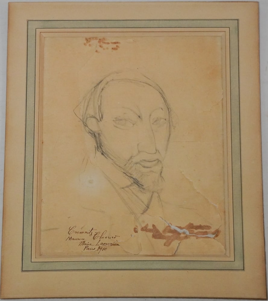 Marie Laurencin: (France/Spain, 1885 - 1956) Black pencil on paper with ink. Signed lower left and titled. Some tearing to the paper which is quite thin. Original condition and conservable. Unframed piece. Paper size: