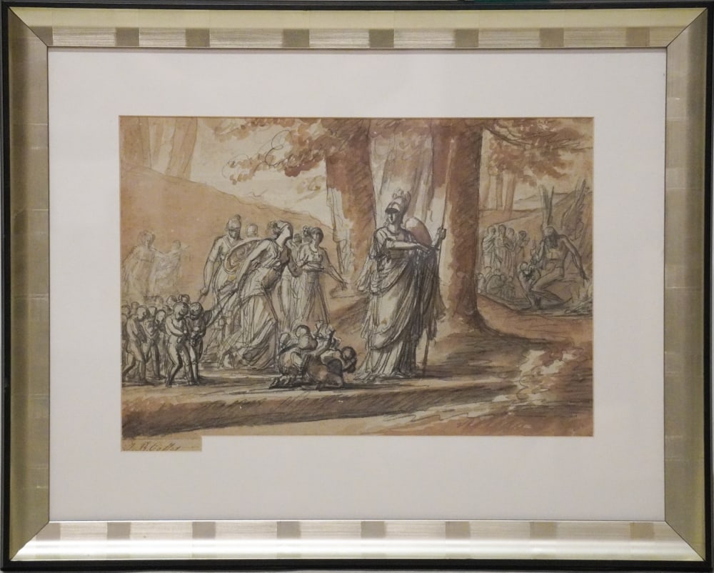 John Collet: (United Kingdom, 1725-1780) Pastel and watercolor work on paper signed lower left. Neoclassical woodlands scene. Framed nicely for display. Framed: H22 3/4" W28 3/4"
