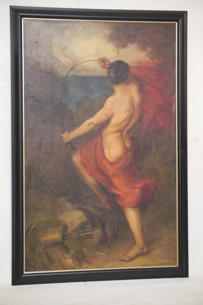 European School: Circa 1890. Very striking oil on canvas in the Classical style rendered nicely and framed well for display. Framed: H61" W40" Sold from the collection of David Varnell and Paul Iwao of South Carolina