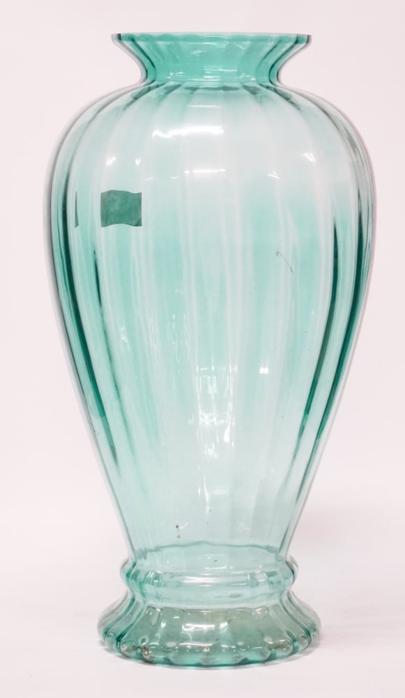 Large Pilgrim Glass Works Hand Blown Floor Vase: Circa 1970, West Virginia. Nice large example having excellent colors and in well kept condition. The piece retains its paper label. H29" W15"