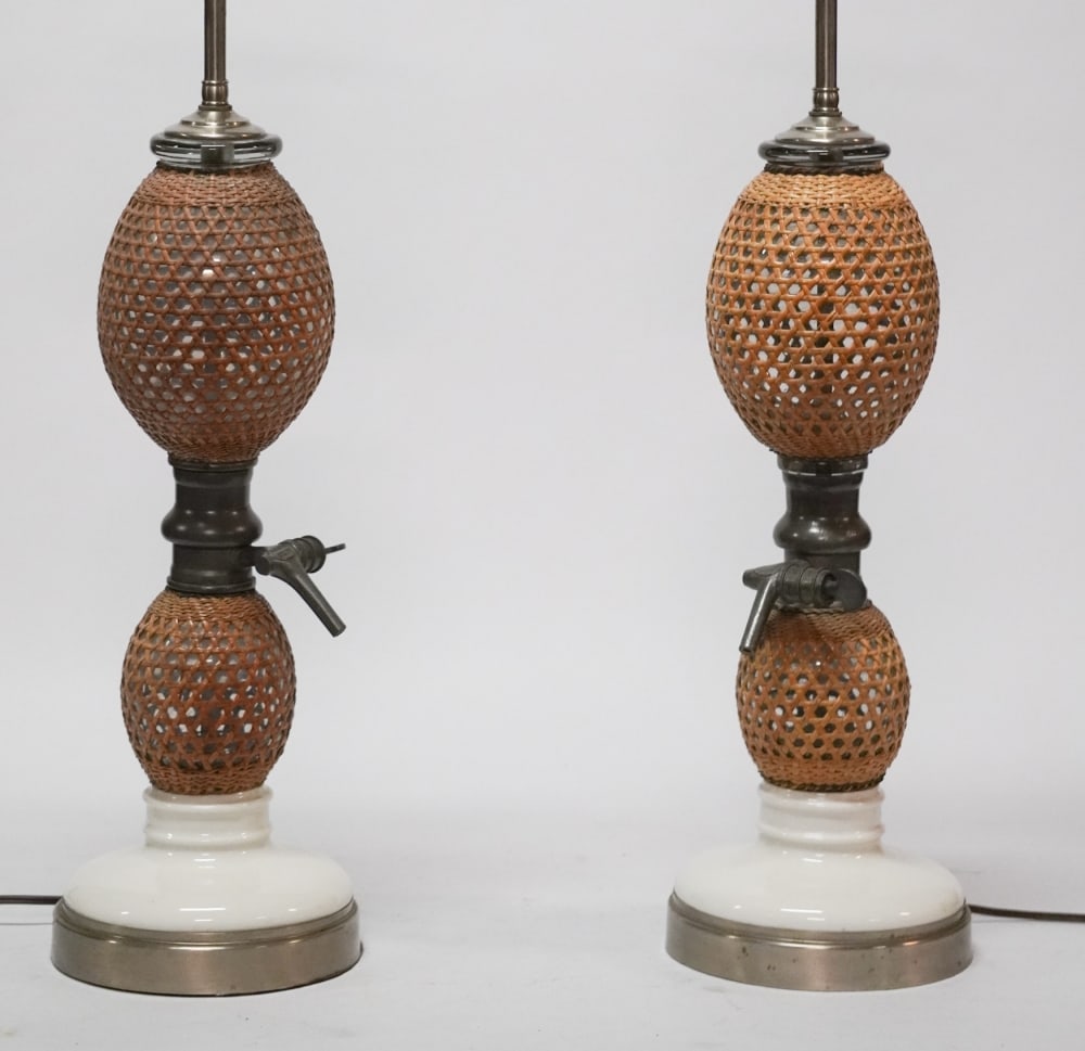 Brilliant Pair Antique French Seltzer Water: Briet Brevete Rattan & Glass Lamps Excellent pair of Boho dispensers converted to charming lamps. H29 1/2"
