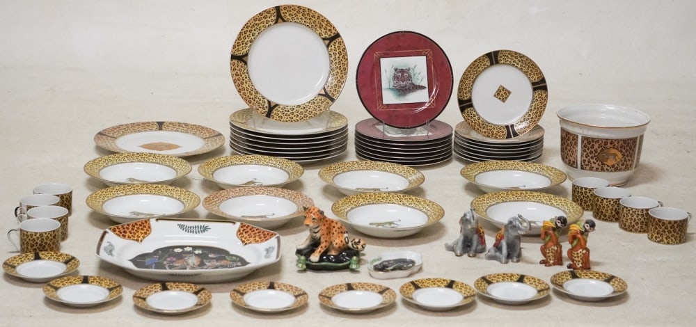 Handsome Set Lynn Chase Jaguar Porcelain Dinnerware: Excellent set including a variety of pieces and in very well kept condition. Sold from the collection of the late Rick Anderson of Sailsbury, North Carolina