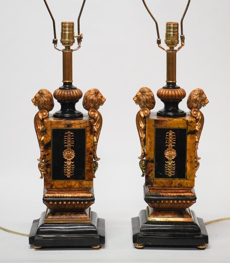 Handsome Pair Neoclassical Style Gilt & Faux Tortoise Table Lamps (1 of 3)