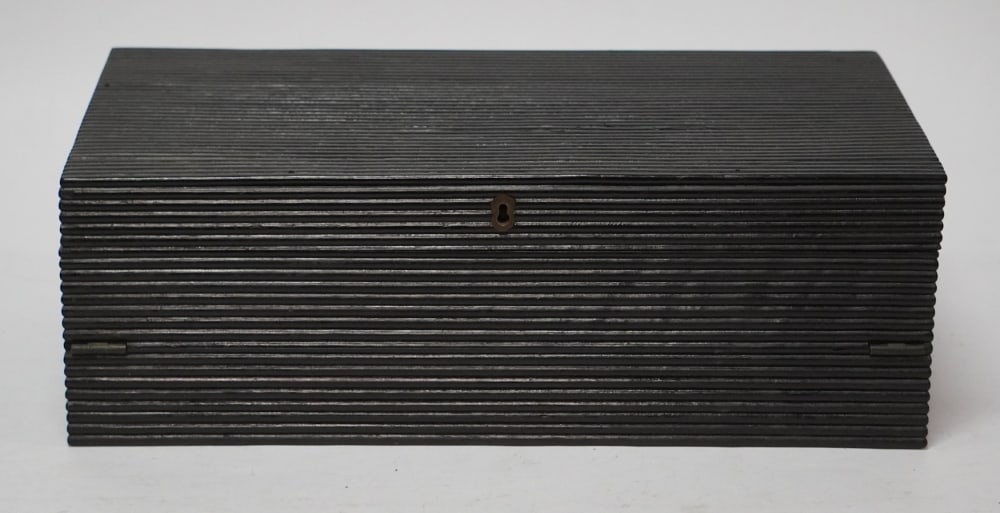 Antique English Regency Ebony Wood Writing Slope: Mid 19th century. Having brilliantly carved body opening to nicely appointed interior. Very curious slope. W16 1/2" D9 11/2" H5 1/2" Sold from the collection of David Varnell and Paul Iwao of South Ca